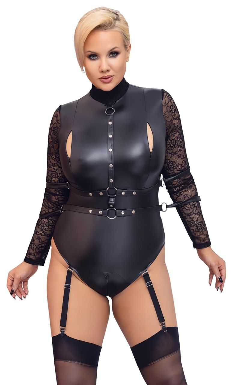 / Cottelli Bondage Plus Size - csipkésujjú body (fekete) / Cottelli Bondage Plus Size - csipkésujjú body (fekete)