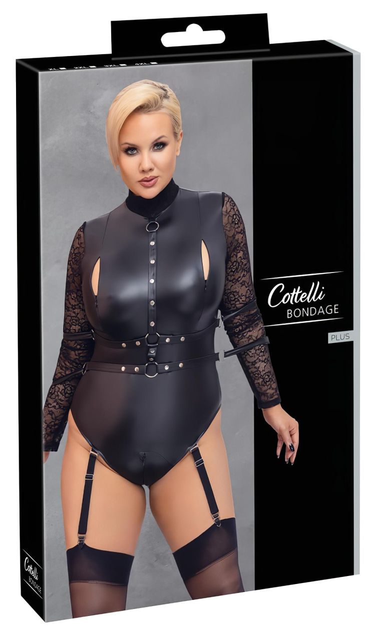 / Cottelli Bondage Plus Size - csipkésujjú body (fekete) / Cottelli Bondage Plus Size - csipkésujjú body (fekete)