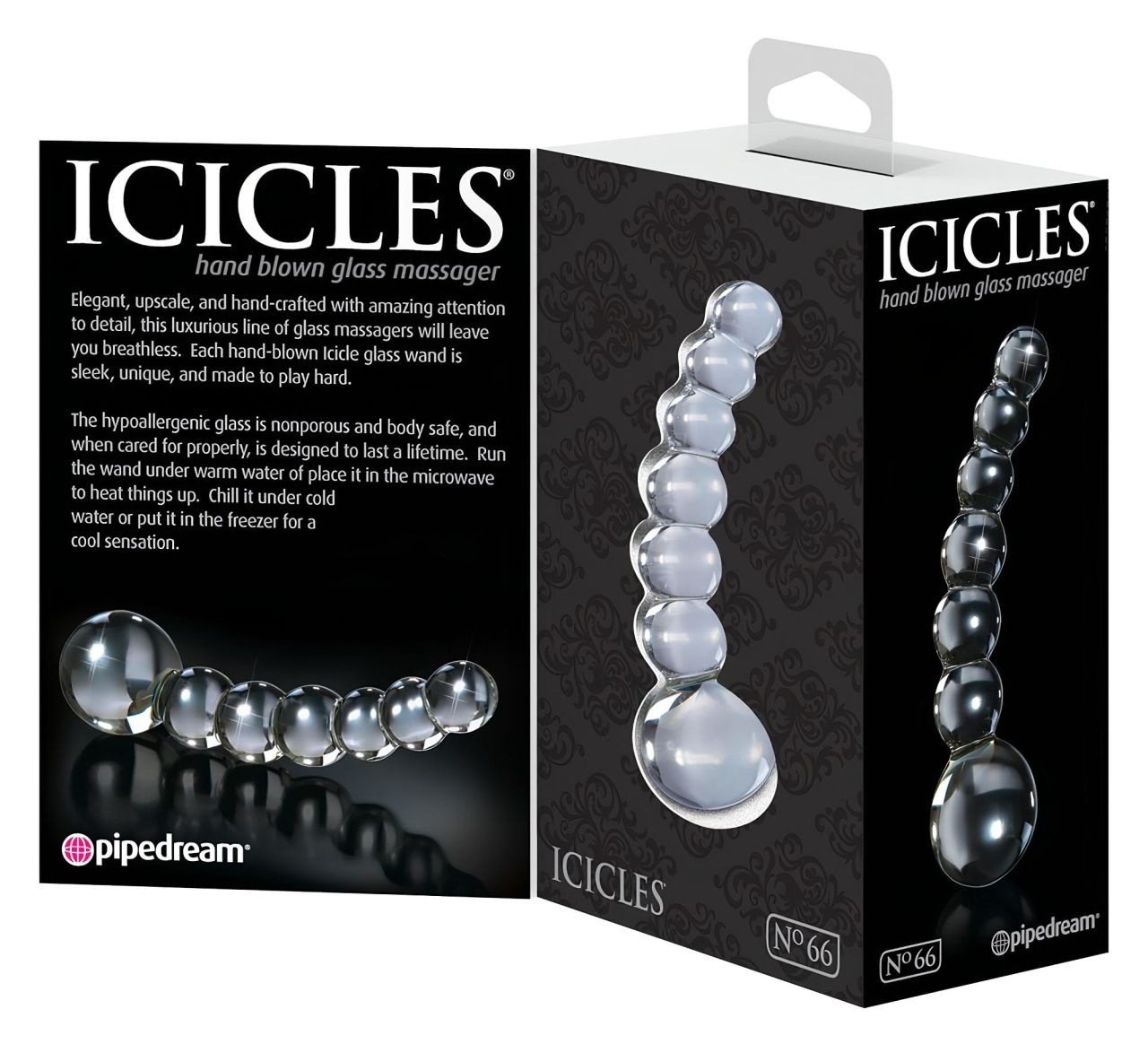 Icicles No. 66 - íves, gömbös, üveg dildó (átlátszó)