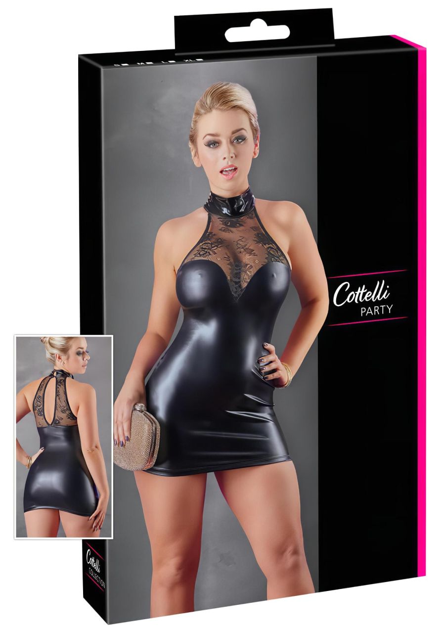 Cottelli - csipkés, fényes nyakpántos miniruha (fekete) Cottelli - csipkés, fényes nyakpántos miniruha (fekete)