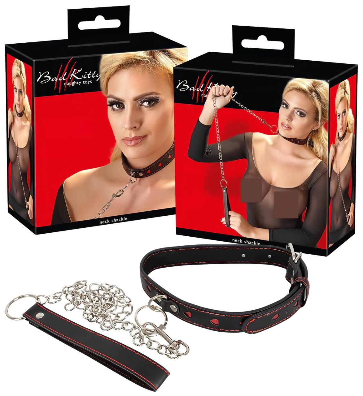 Bad Kitty - szíves nyakörv és fém póráz (fekete)