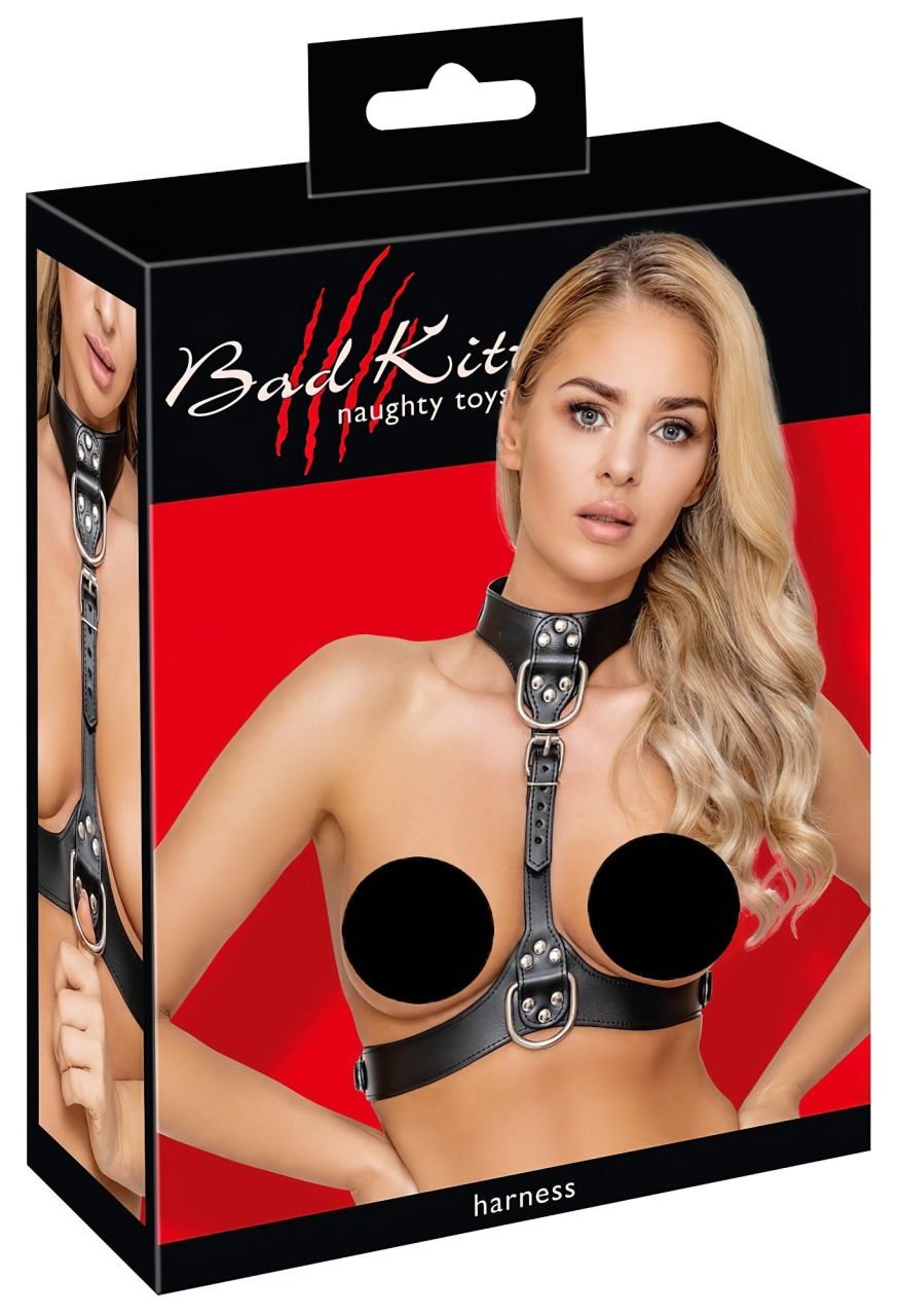 Bad Kitty - bőrhatású testhám D-gyűrűkkel (fekete) Bad Kitty - bőrhatású testhám D-gyűrűkkel (fekete)