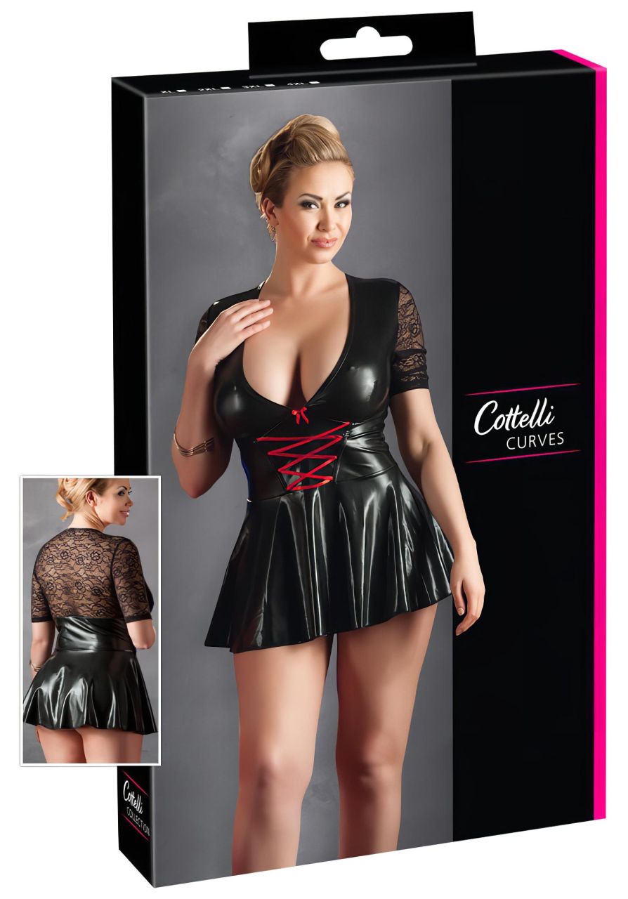 Cottelli Plus Size - fényes ruha piros fűzővel (fekete) Cottelli Plus Size - fényes ruha piros fűzővel (fekete)