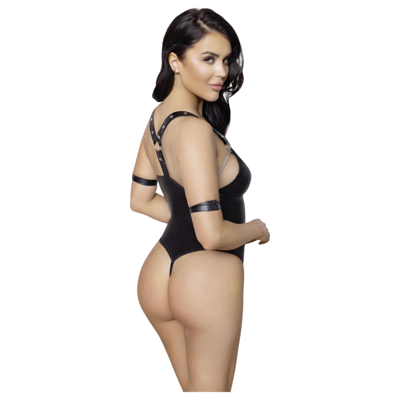 Cottelli Bondage - fényes, gyűrűs, nyitott body (fekete) Cottelli Bondage - fényes, gyűrűs, nyitott body (fekete)