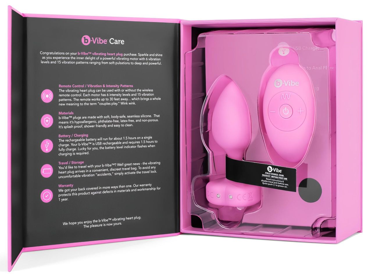 / b-vibe heart - akkus, rádiós anál vibrátor (pink)