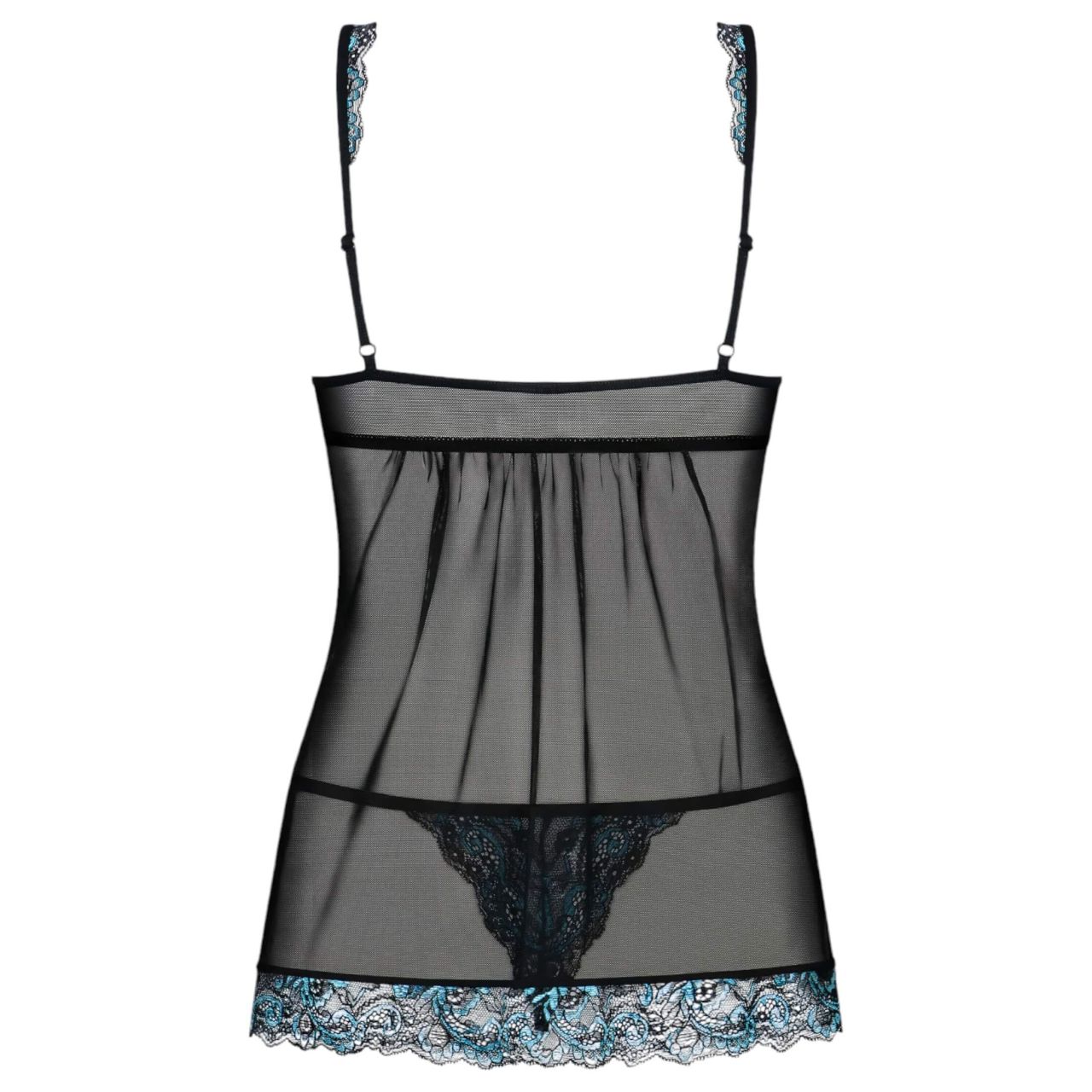 Obsessive Amanta - hímzett babydoll és tanga (fekete-türkiz)