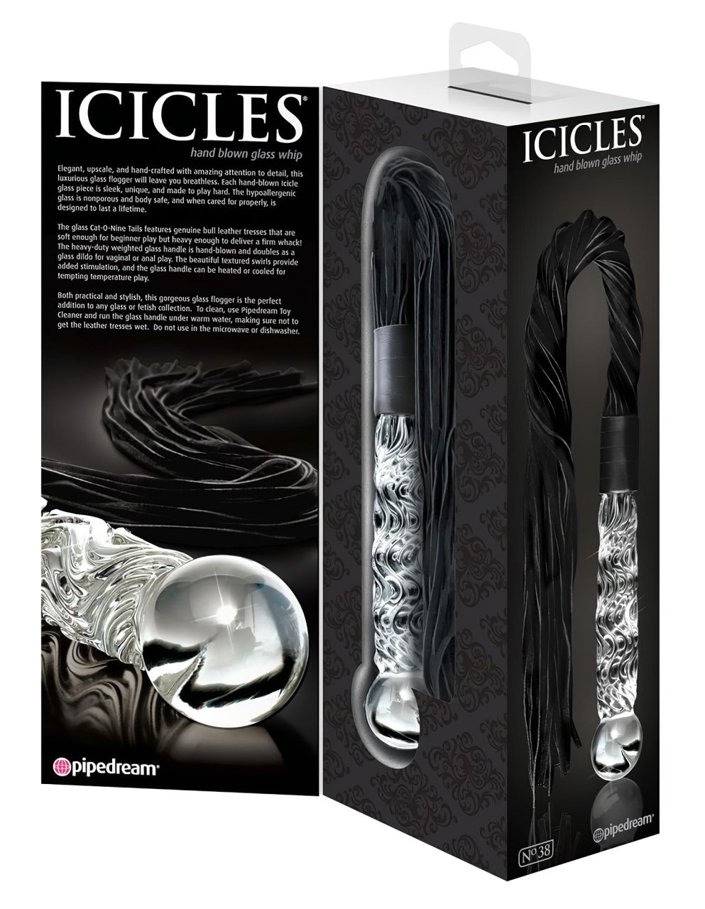 Icicles No. 38 - bőr korbács és üveg dildó (átlátszó-fekete) Icicles No. 38 - bőr korbács és üveg dildó (átlátszó-fekete)