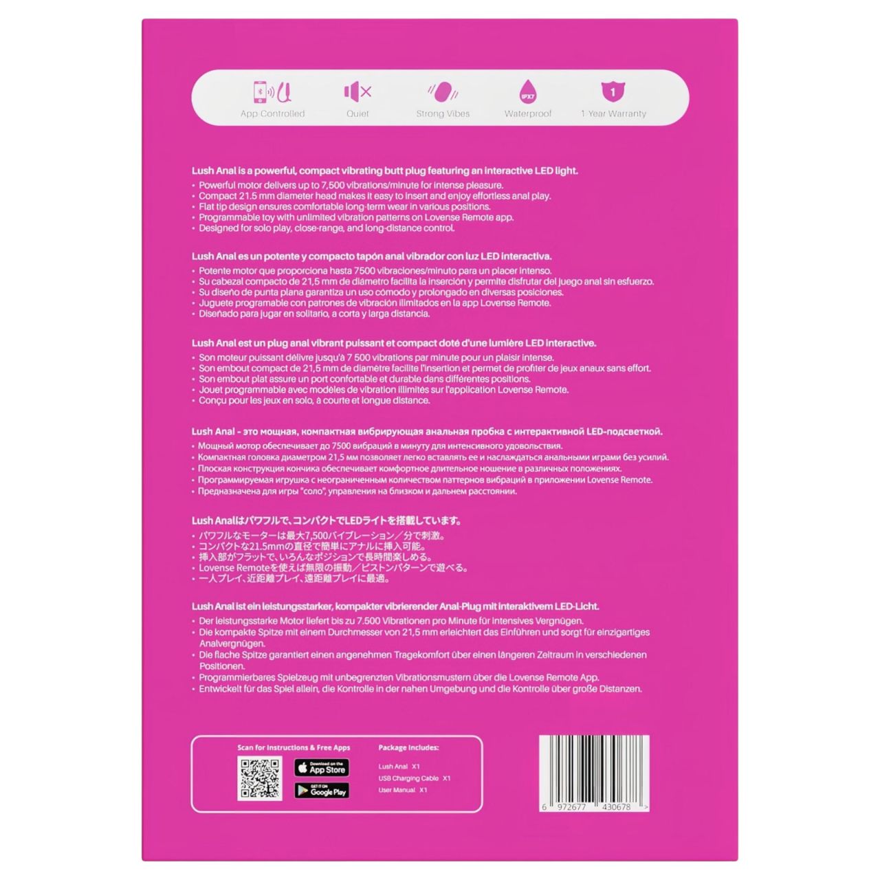 Lovense Lush Anal - App-vezérelt análvibrátor, LED-es - pink