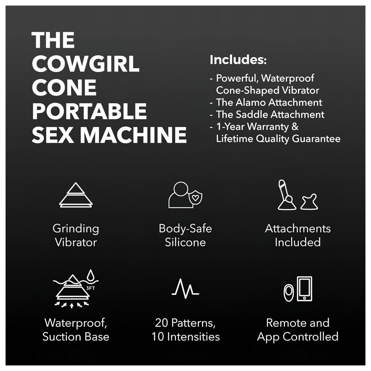 The Cowgirl Cone - app-vezérelt prémium szexgép - 2 cserélhető feltéttel, 20 rezgésmód (fekete) The Cowgirl Cone - app-vezérelt prémium szexgép - 2 cserélhető feltéttel, 20 rezgésmód (fekete)