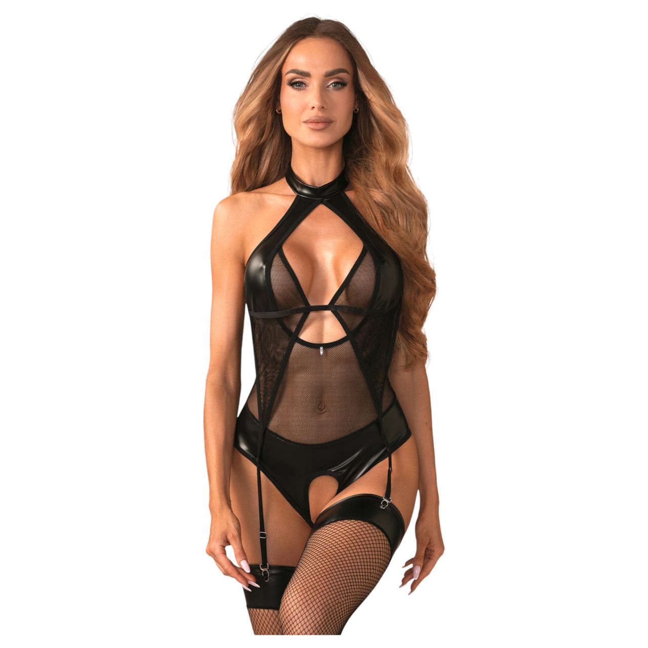 Obsessive Dominna - áttetsző, fényes hatású body (fekete)