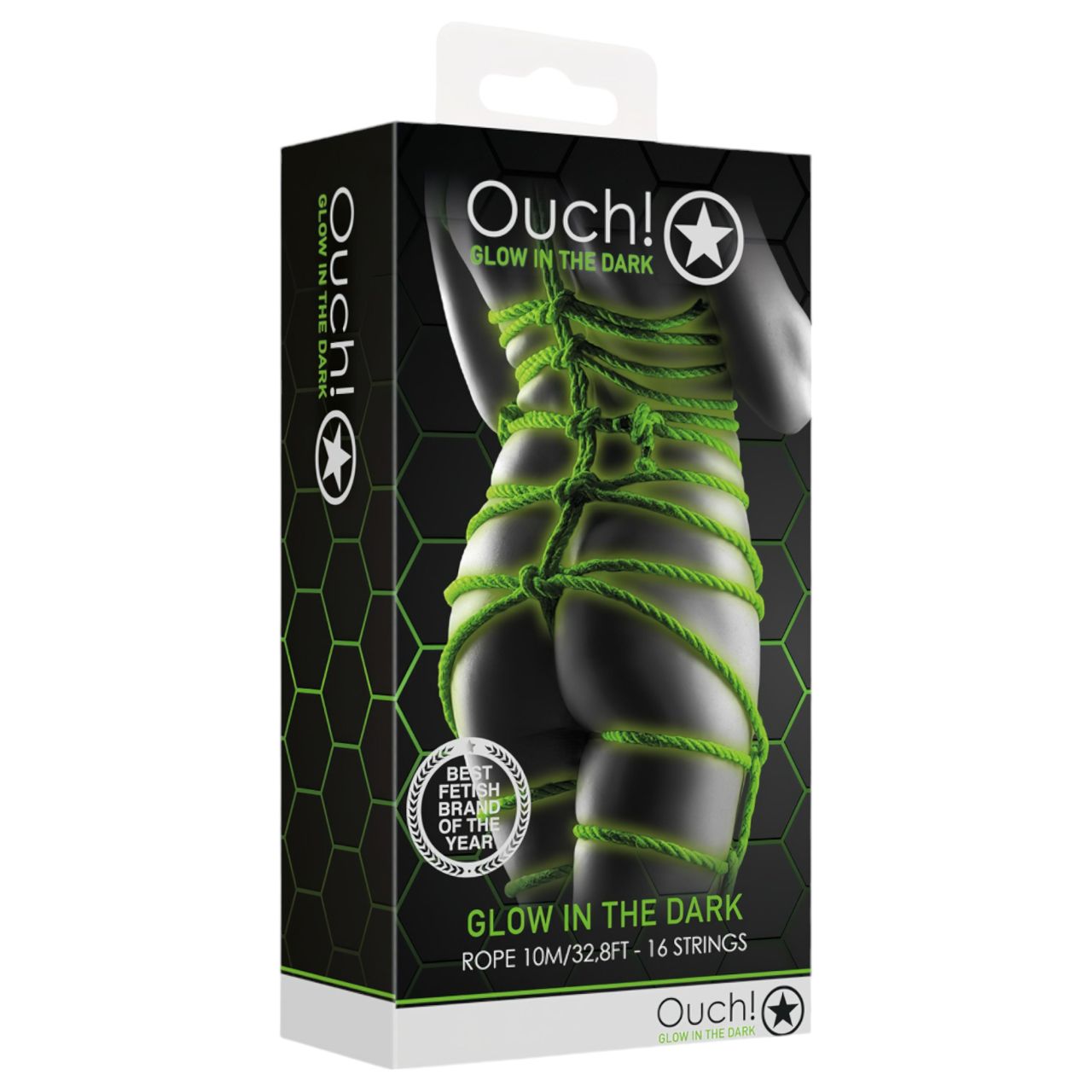 Ouch! - sötétben világító bondage kötél (5 m, zöld)