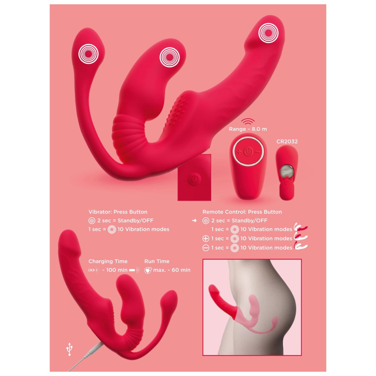 You2Toys Strapless - felcsatolható 3 ágú vibrátor (piros) You2Toys Strapless - felcsatolható 3 ágú vibrátor (piros)