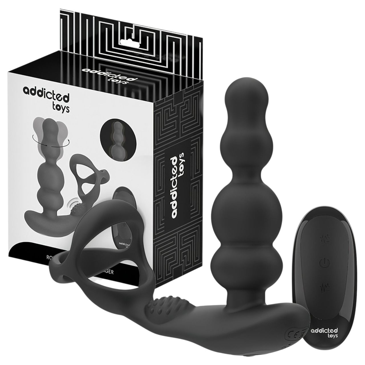 Addicted Toys - forgó fejes análvibrátor péniszgyűrűvel (fekete) Addicted Toys - forgó fejes análvibrátor péniszgyűrűvel (fekete)