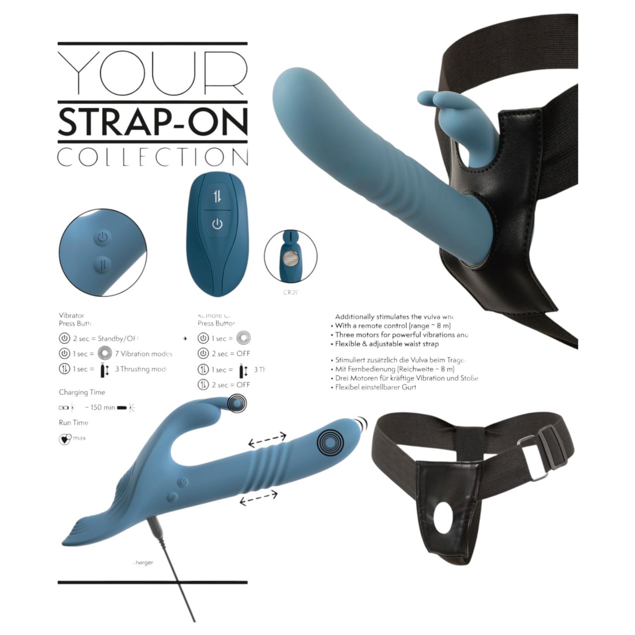 You2Toys - 3 részes felcsatolható nyuszis lökővibrátor távirányítóval (kék)