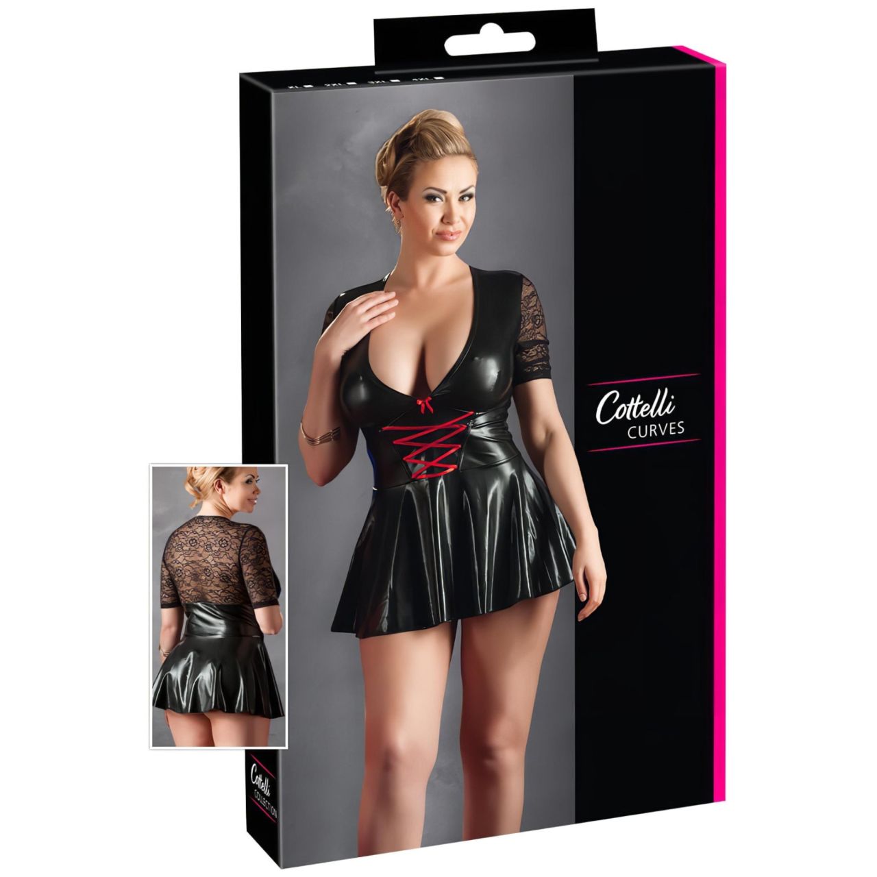 Cottelli Plus Size - fényes ruha piros fűzővel (fekete) Cottelli Plus Size - fényes ruha piros fűzővel (fekete)