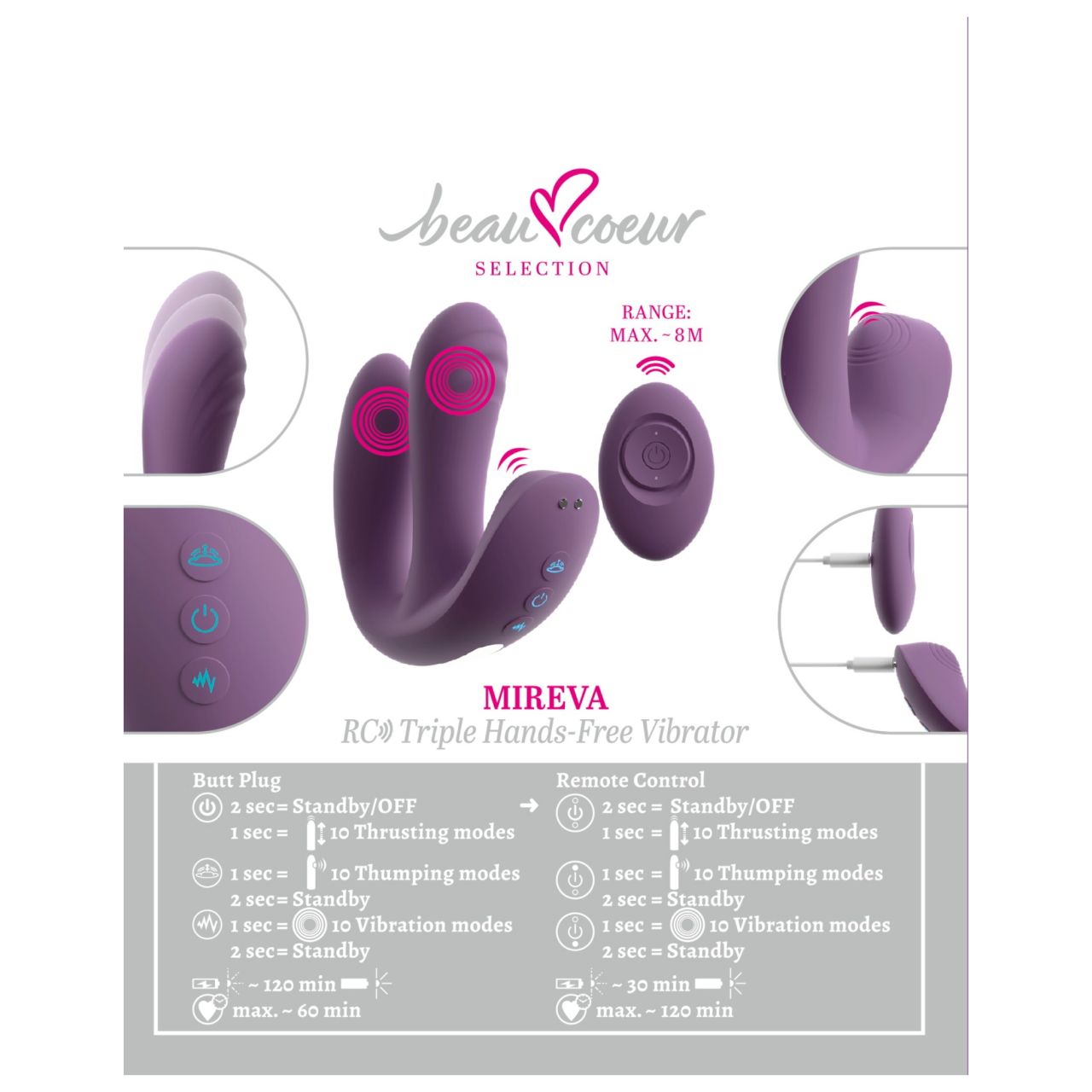 Beau Coeur Mireva - tripla karos, távirányítós vibrátor (lila) Beau Coeur Mireva - tripla karos, távirányítós vibrátor (lila)