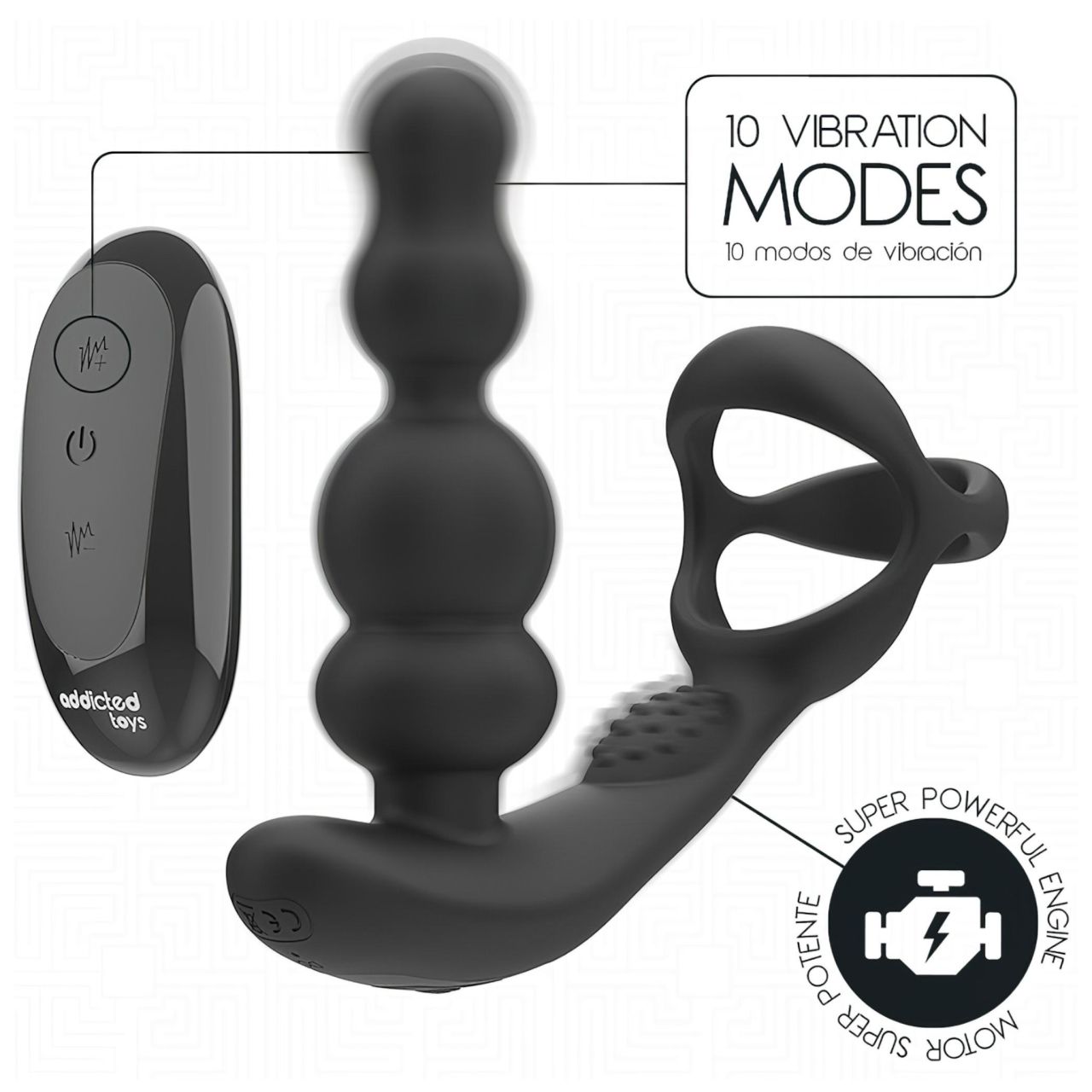 Addicted Toys - forgó fejes análvibrátor péniszgyűrűvel (fekete)