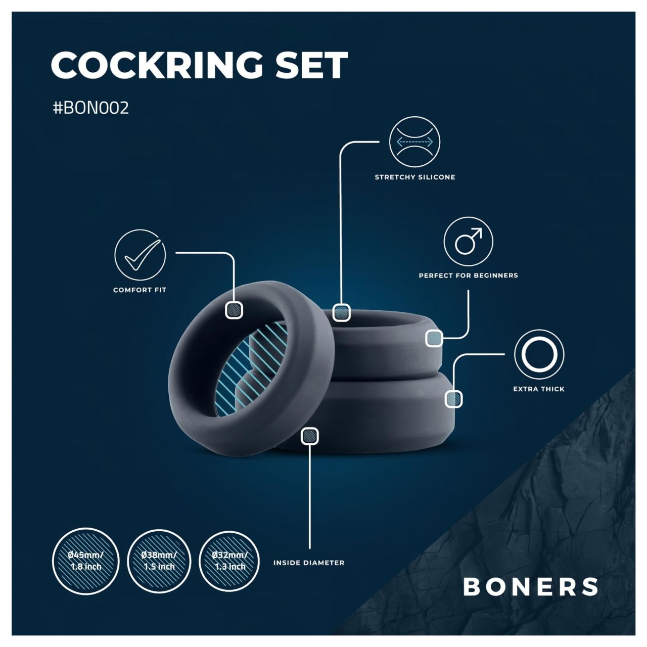 Boners - szilikon péniszgyűrű szett - 3 db (szürke)