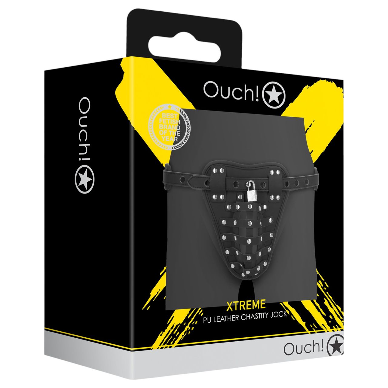 Ouch! - ketreces műbőr férfi erényöv lakattal (fekete) Ouch! - ketreces műbőr férfi erényöv lakattal (fekete)