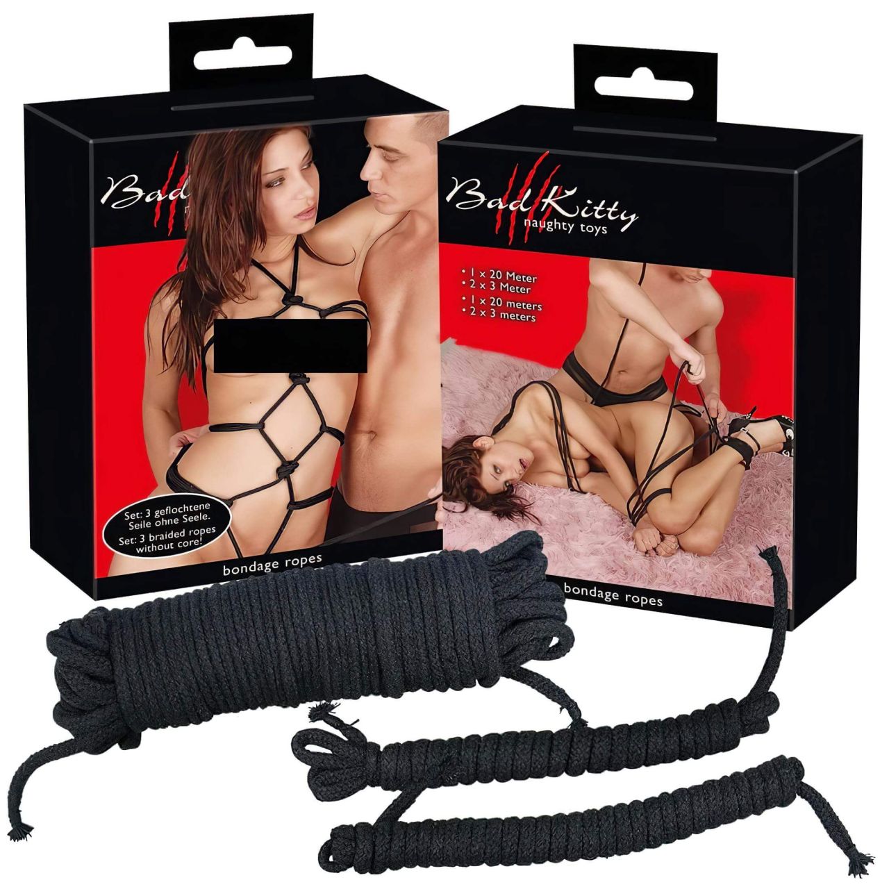Bad Kitty - bondage kötél szett (20 m + 2 × 3m, fekete)