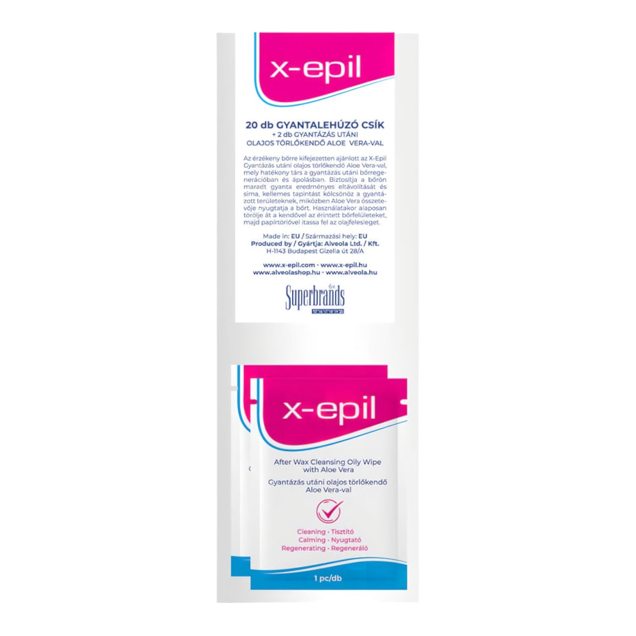 X-Epil - lehúzó textil csíkok (20 db) + olajos törlő kendő (2 db)