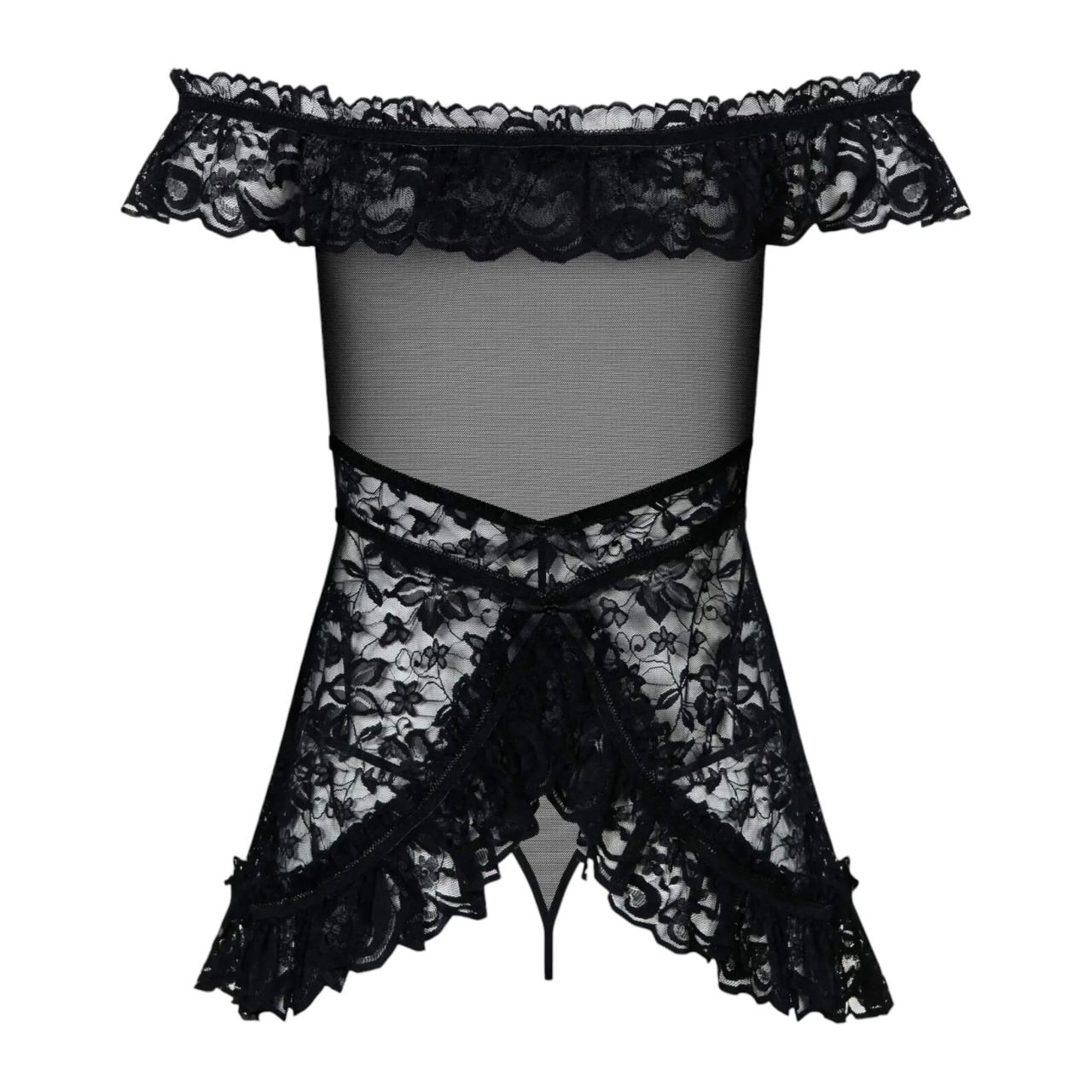 Obsessive Flores - fodros babydoll és tanga (fekete)