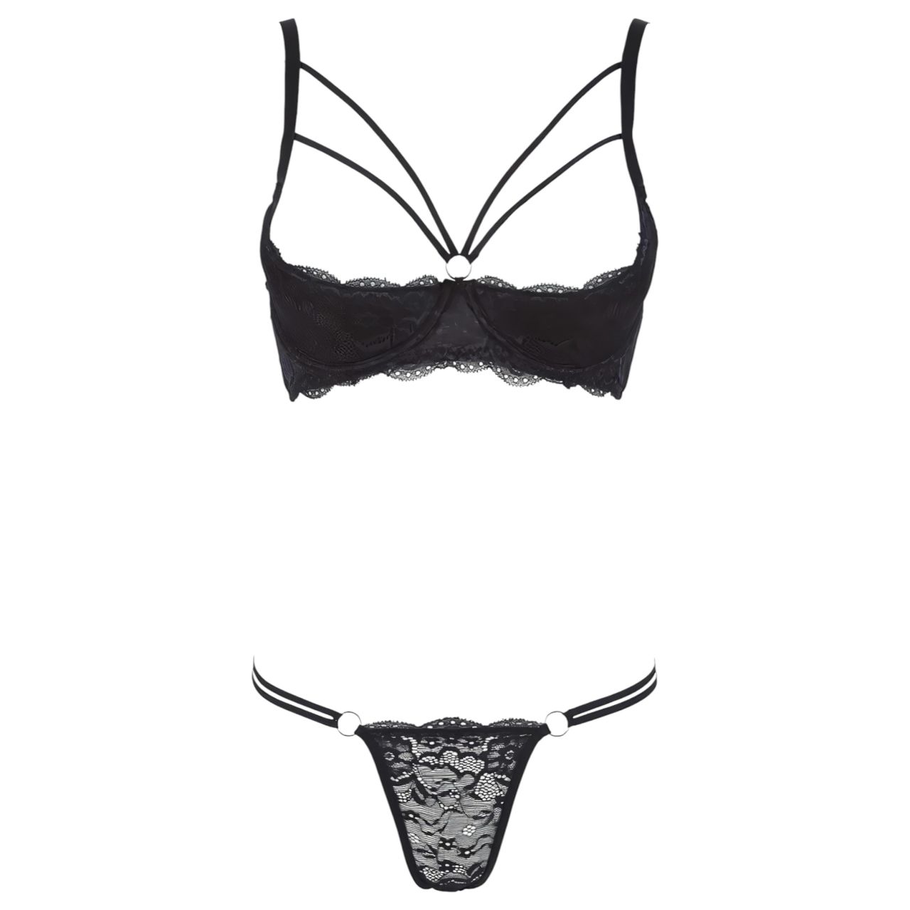 Cottelli - pántos, gyűrűs push-up melltartó és tanga (fekete)