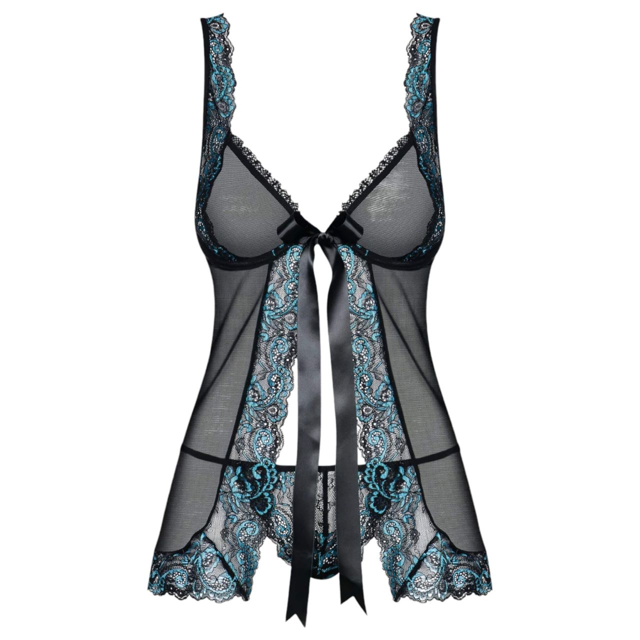 Obsessive Amanta - hímzett babydoll és tanga (fekete-türkiz) Obsessive Amanta - hímzett babydoll és tanga (fekete-türkiz)