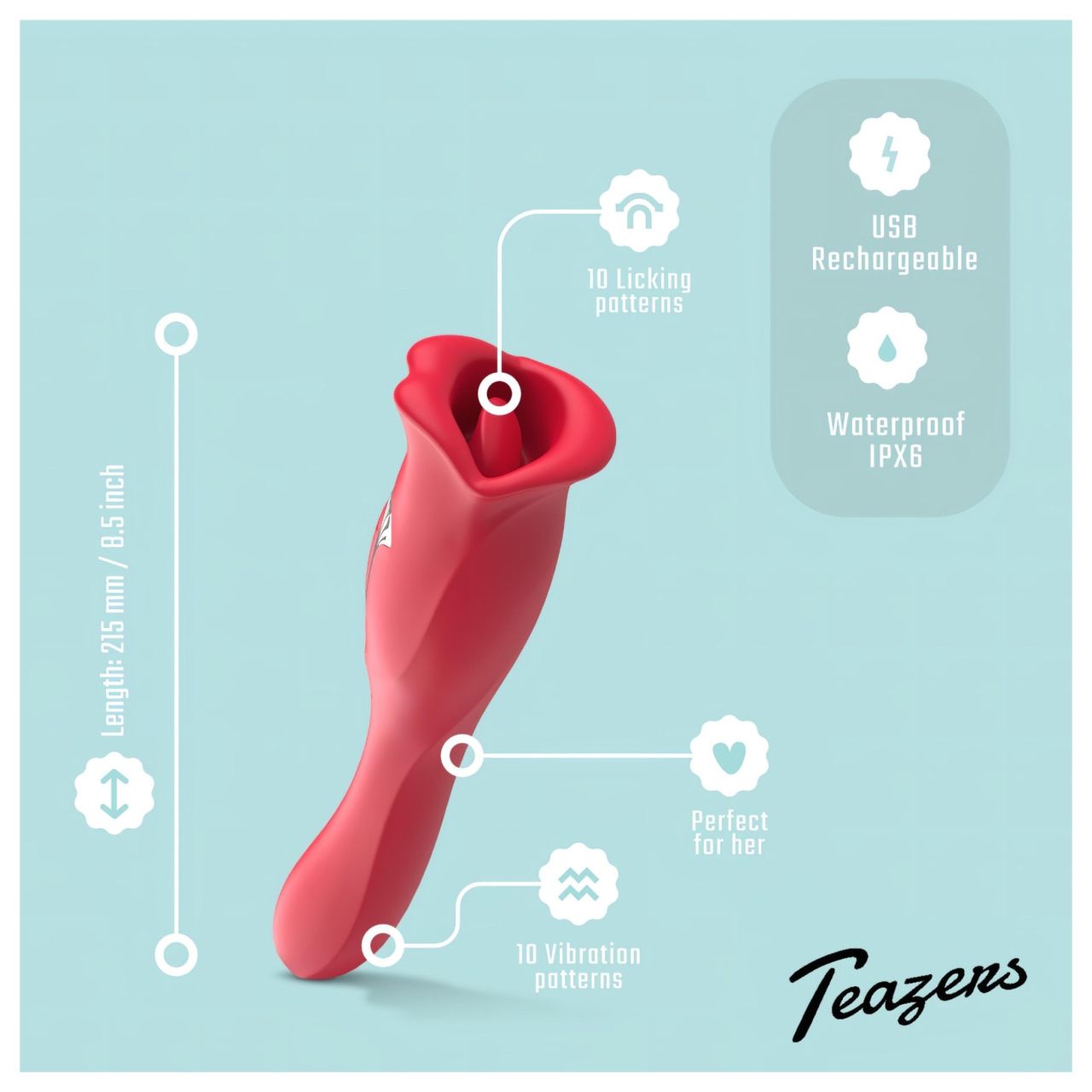 Teazers - kétvégű vibrátor nyelves csiklóizgatóval (piros) Teazers - kétvégű vibrátor nyelves csiklóizgatóval (piros)