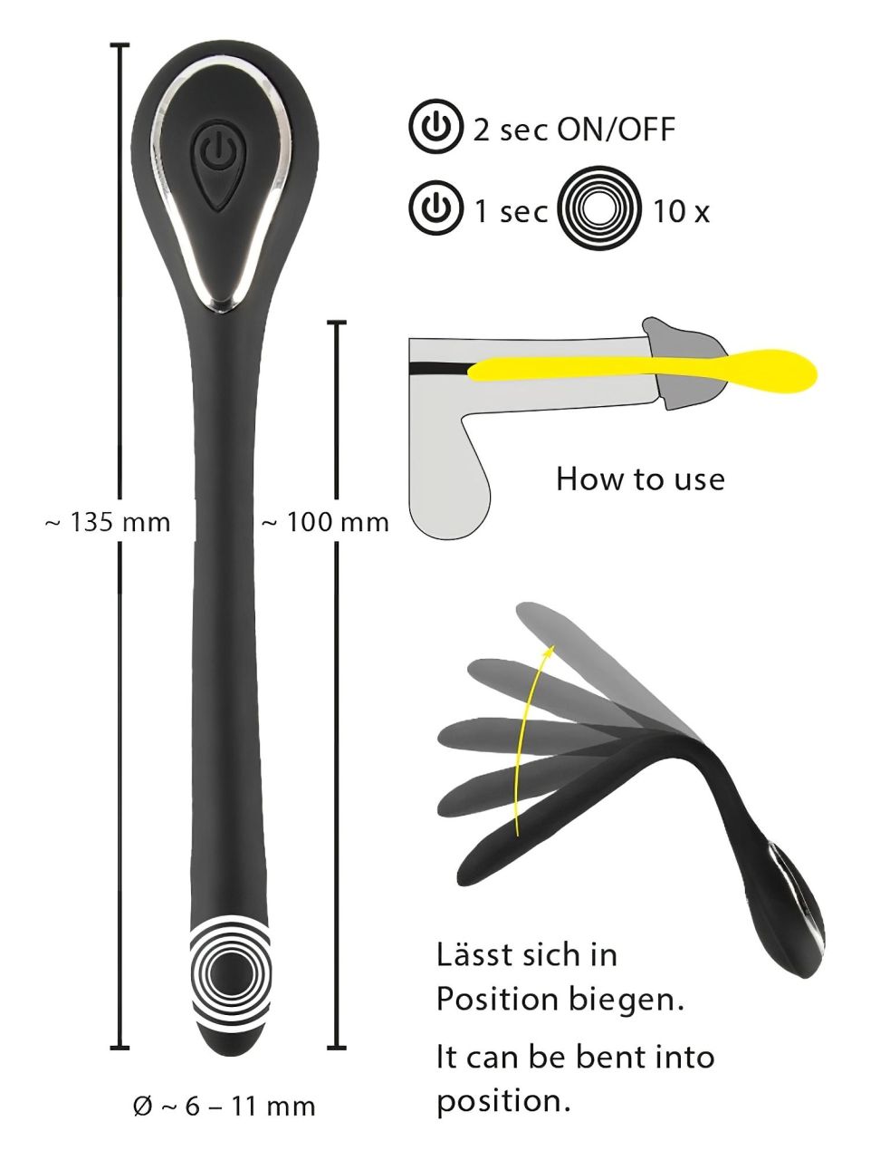 Penis Plug Dilator - fekete akkus, vibrációs húgycső dilátor (1 cm)